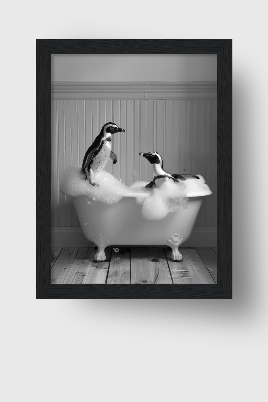 Fotografie Poster Pinguine schwarz-weiß Badewanne