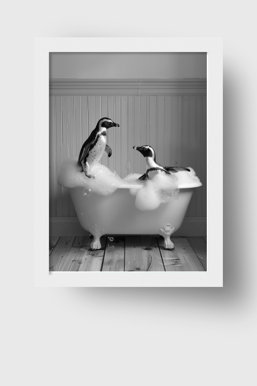 Fotografie Poster Pinguine schwarz-weiß Badewanne
