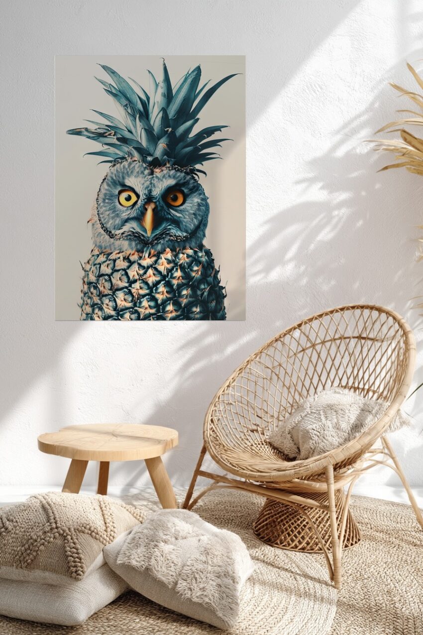 Grafik Poster Eule Ananas surreal bunt