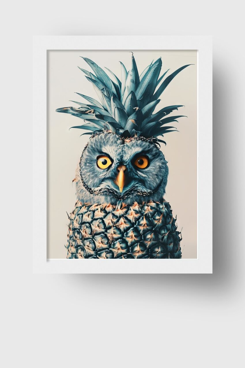 Grafik Poster Eule Ananas surreal bunt
