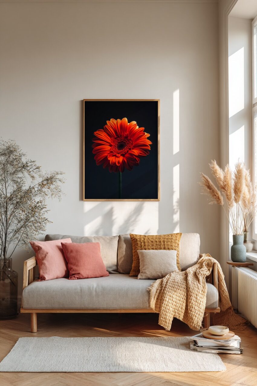 Fotografie Poster Gerbera orange Nahaufnahme dunkel