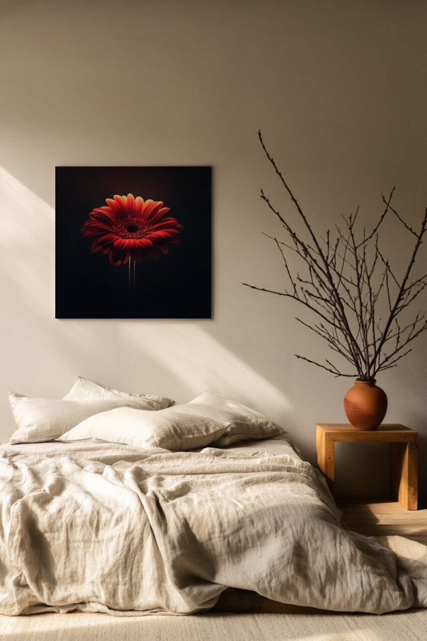 Fotografie Poster Gerbera rot Nahaufnahme dunkel