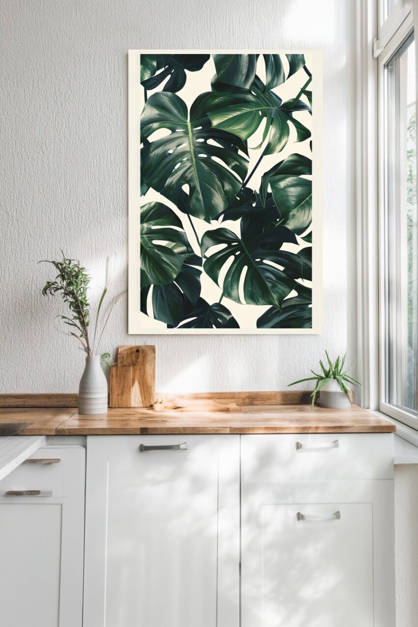 Illustration Poster Monstera Blätter dunkelgrün botanisch