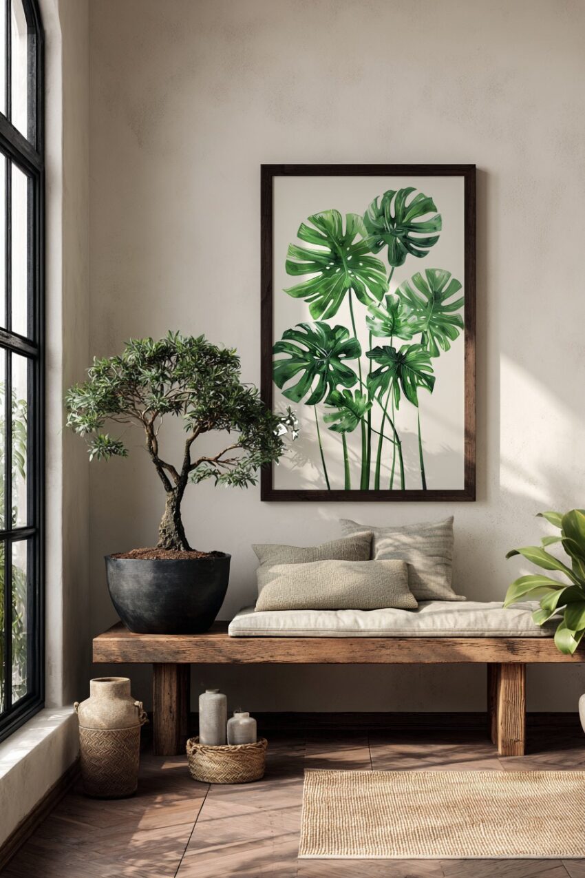 Illustration Poster Monstera Blätter hellgrün minimalistisch