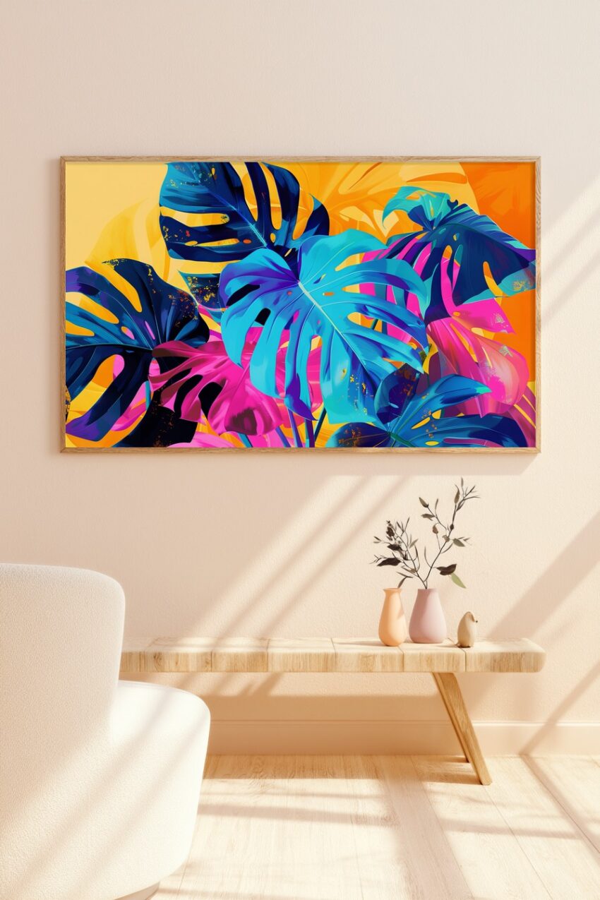 Digitale Kunst Poster Monstera Blatt bunt blau pink