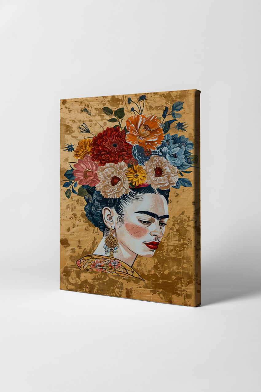 Illustration Poster Frauenportrait Blumenkranz farbig gold