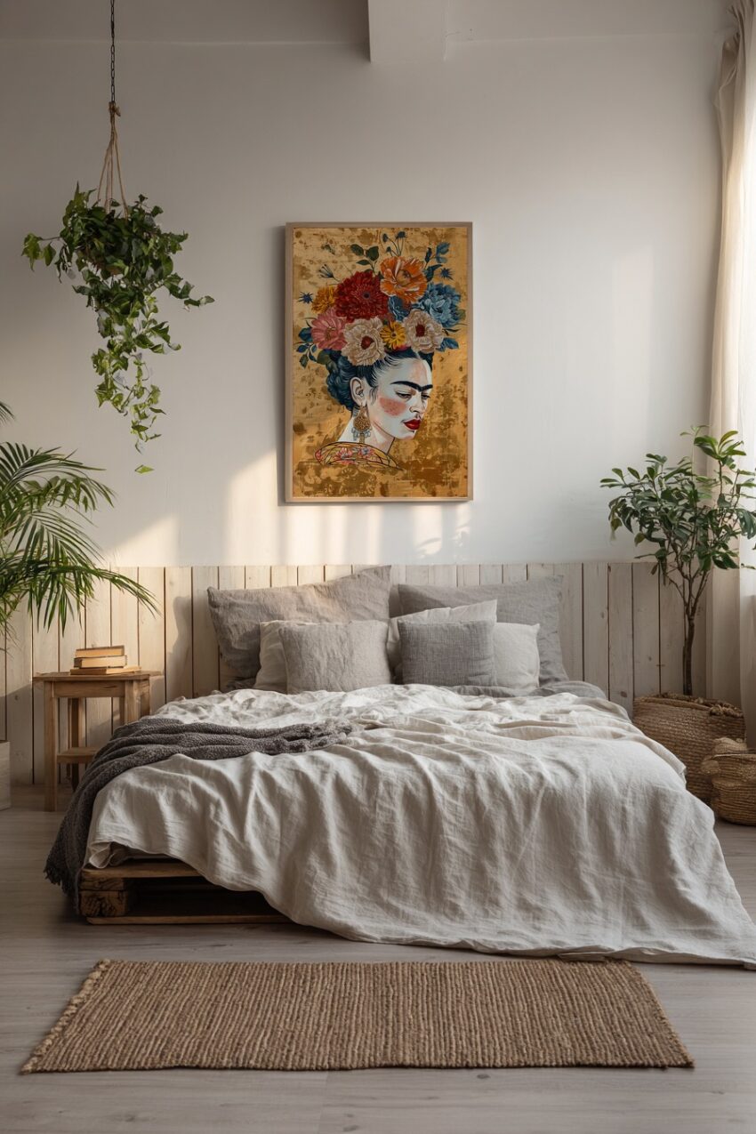 Illustration Poster Frauenportrait Blumenkranz farbig gold