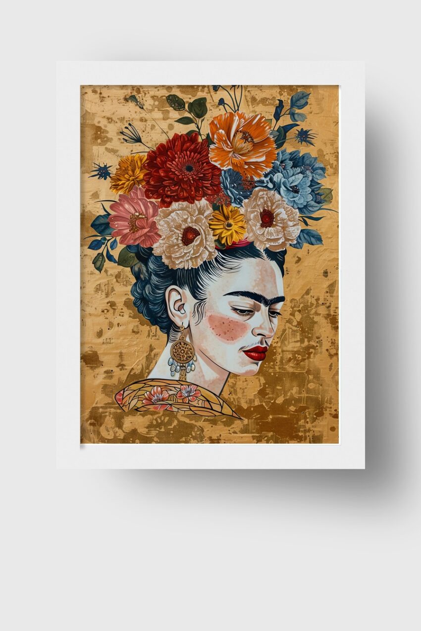 Illustration Poster Frauenportrait Blumenkranz farbig gold