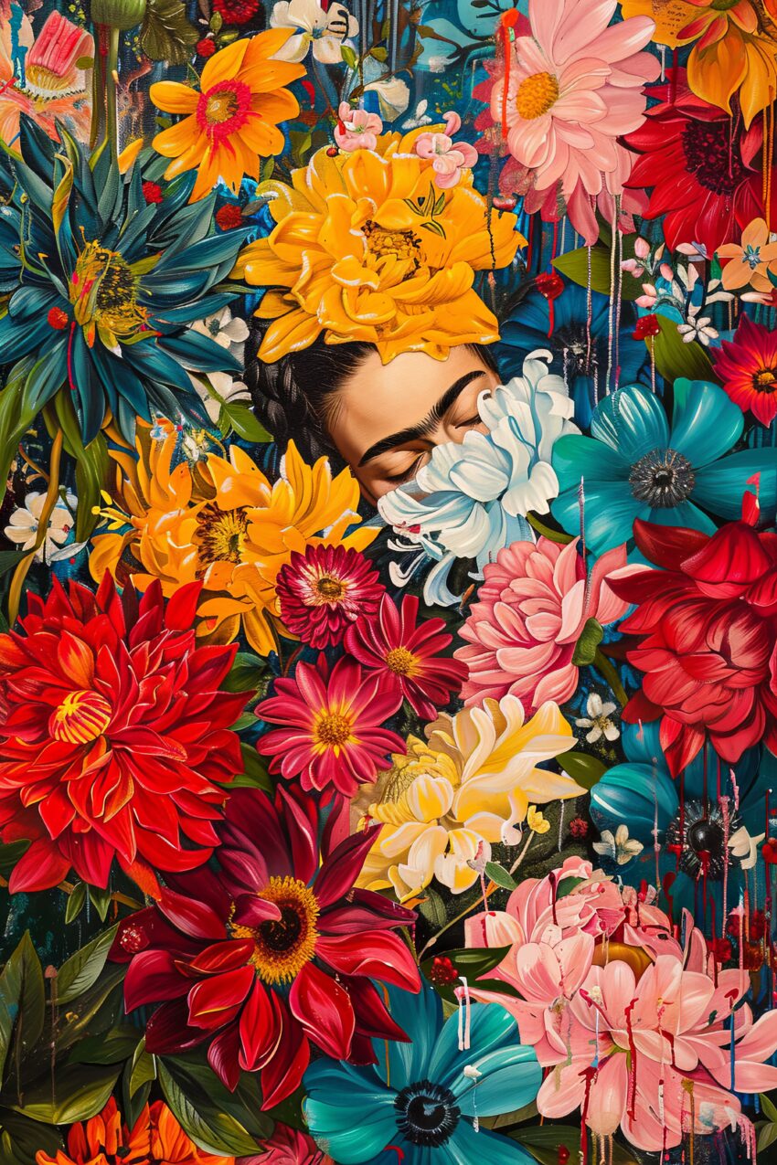 Illustration Poster Frida Kahlo Frauenportrait bunt Blumen