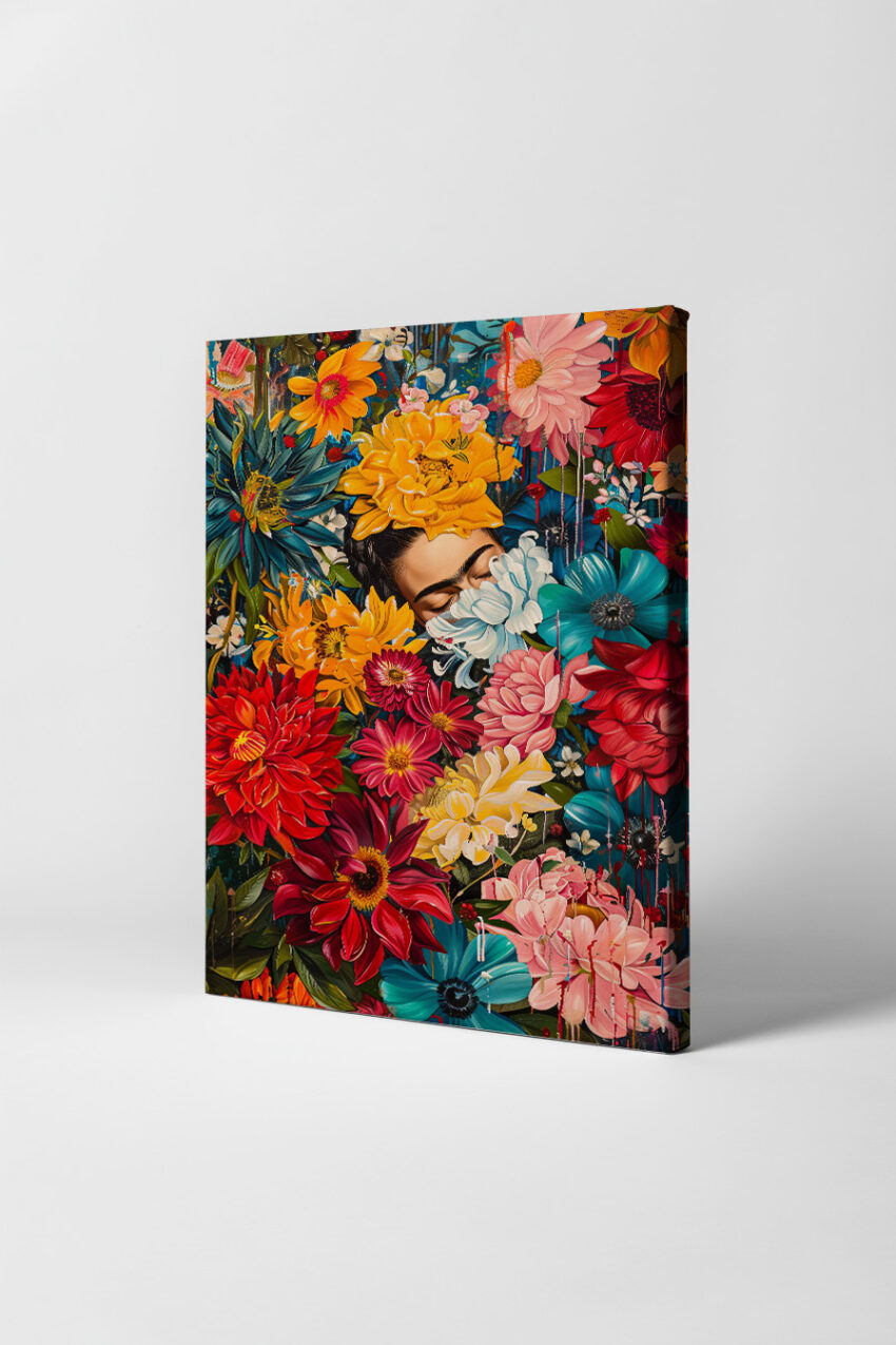 Illustration Poster Frida Kahlo Frauenportrait bunt Blumen