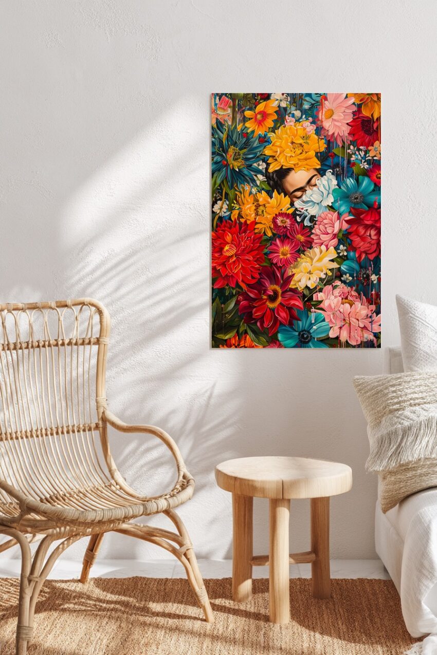 Illustration Poster Frida Kahlo Frauenportrait bunt Blumen