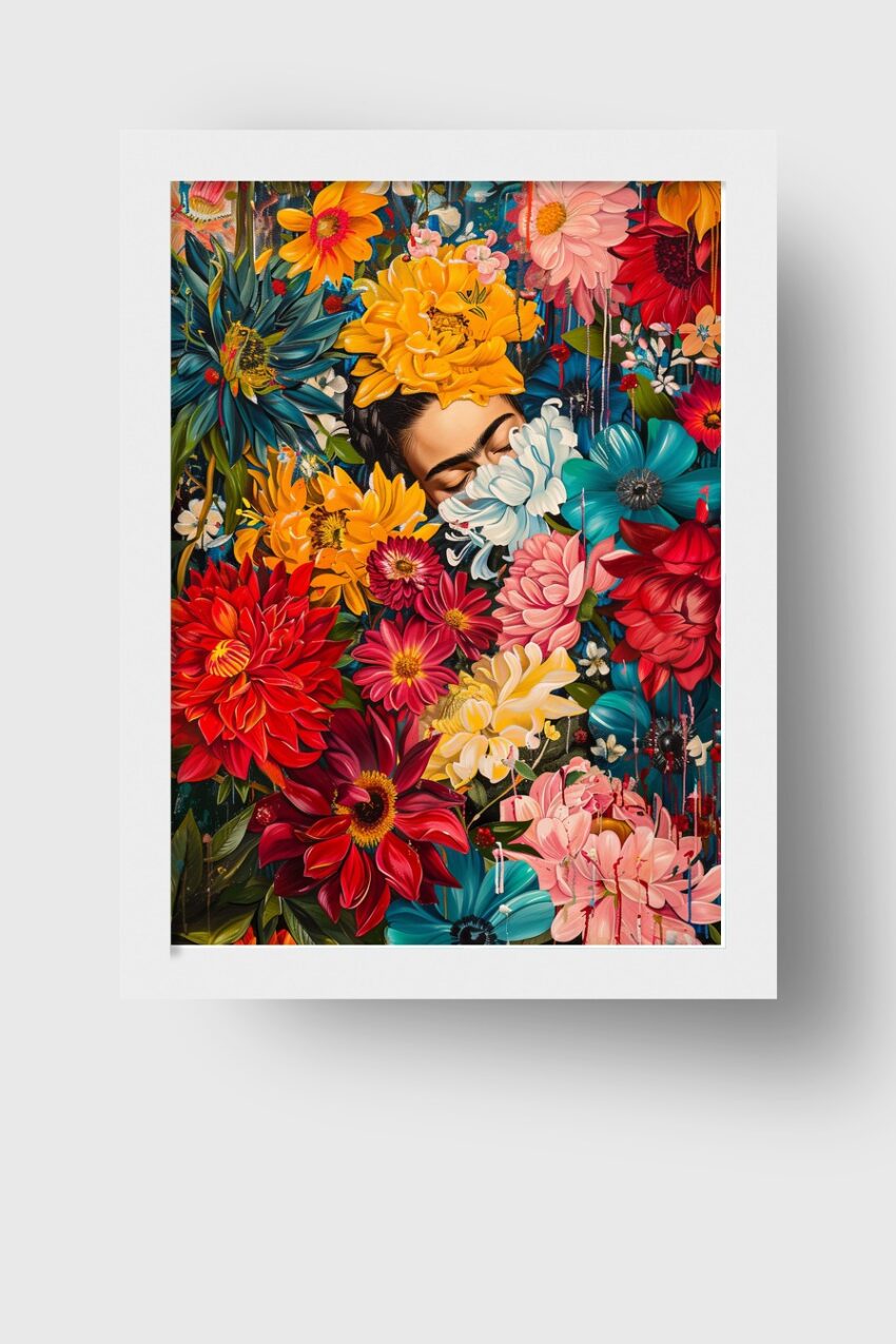 Illustration Poster Frida Kahlo Frauenportrait bunt Blumen