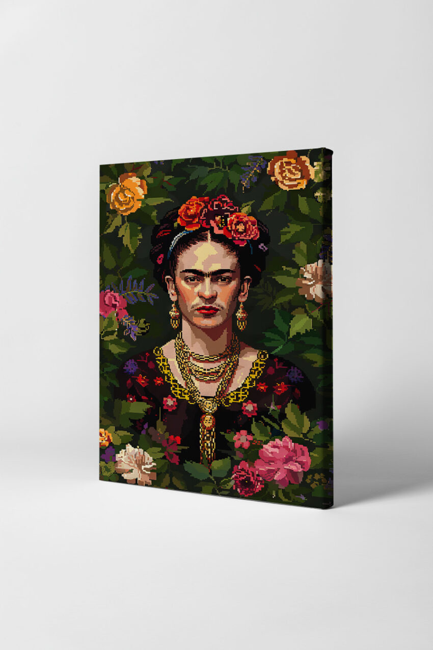 Digitale Kunst Poster Frida Kahlo Porträt Blumenkranz dunkel
