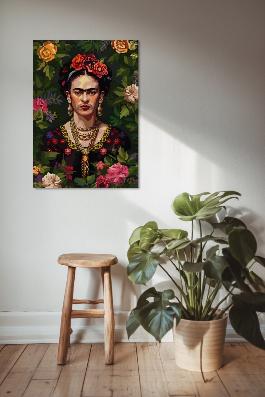 Digitale Kunst Poster Frida Kahlo Porträt Blumenkranz dunkel