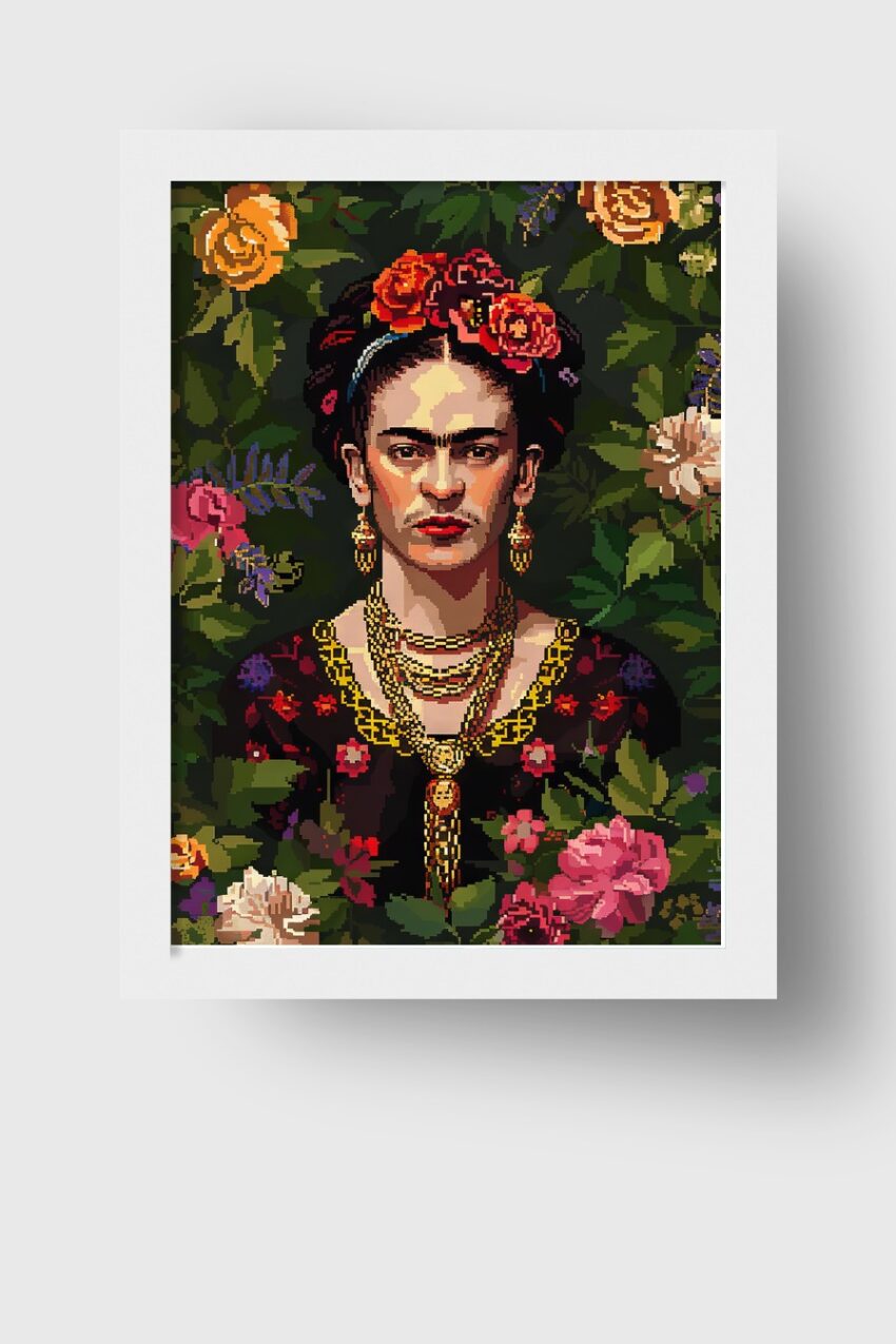 Digitale Kunst Poster Frida Kahlo Porträt Blumenkranz dunkel