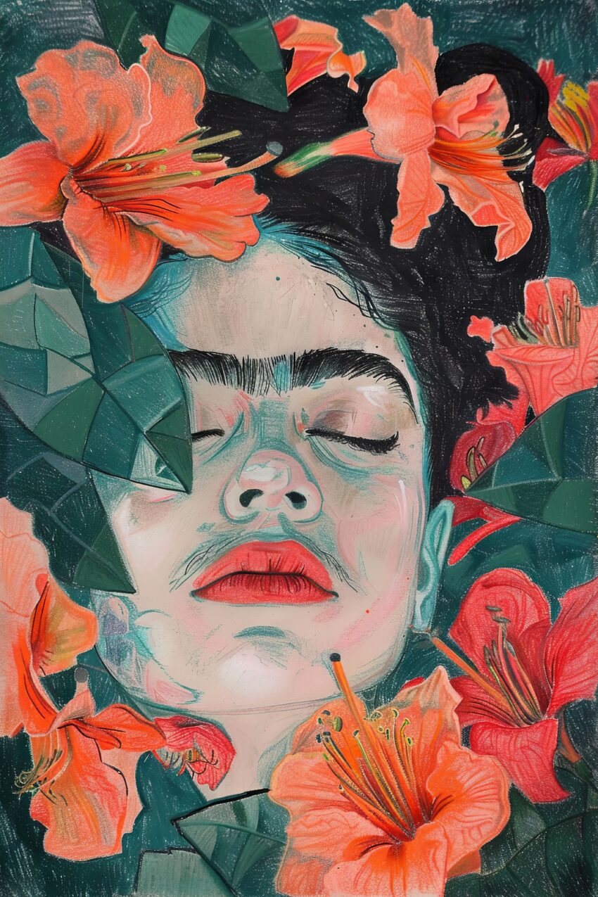 Illustration Poster Frau Lilien Porträt rot grün