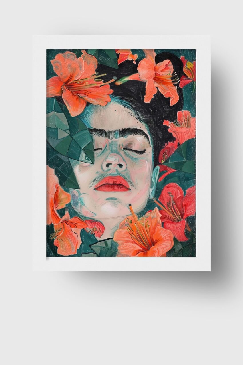 Illustration Poster Frau Lilien Porträt rot grün