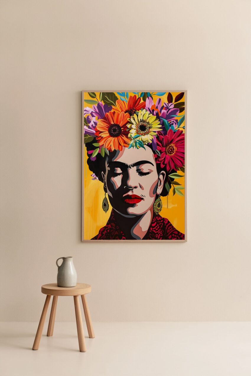 Digitale Kunst Poster Frauenportrait bunter Blumenkranz