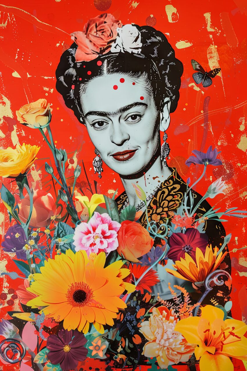 Digitale Kunst Poster Frida Kahlo Porträt Blumen rot