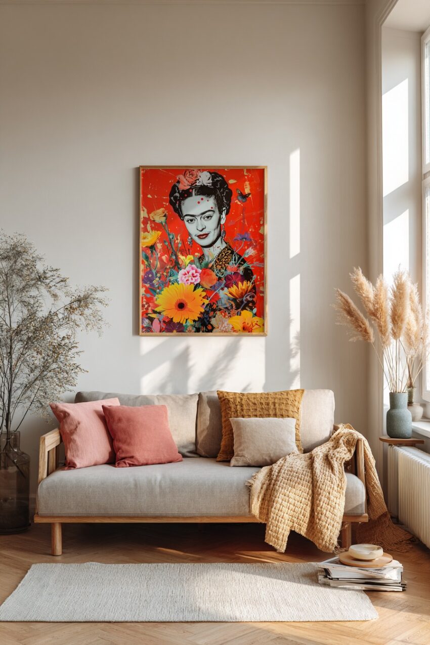 Digitale Kunst Poster Frida Kahlo Porträt Blumen rot