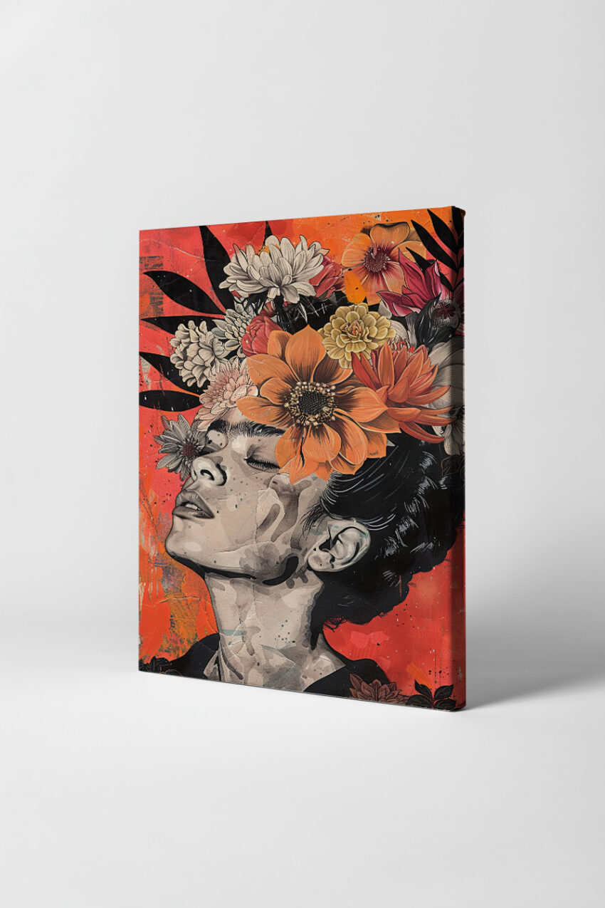 Illustration Poster Frau Blumen orange beige Portrait