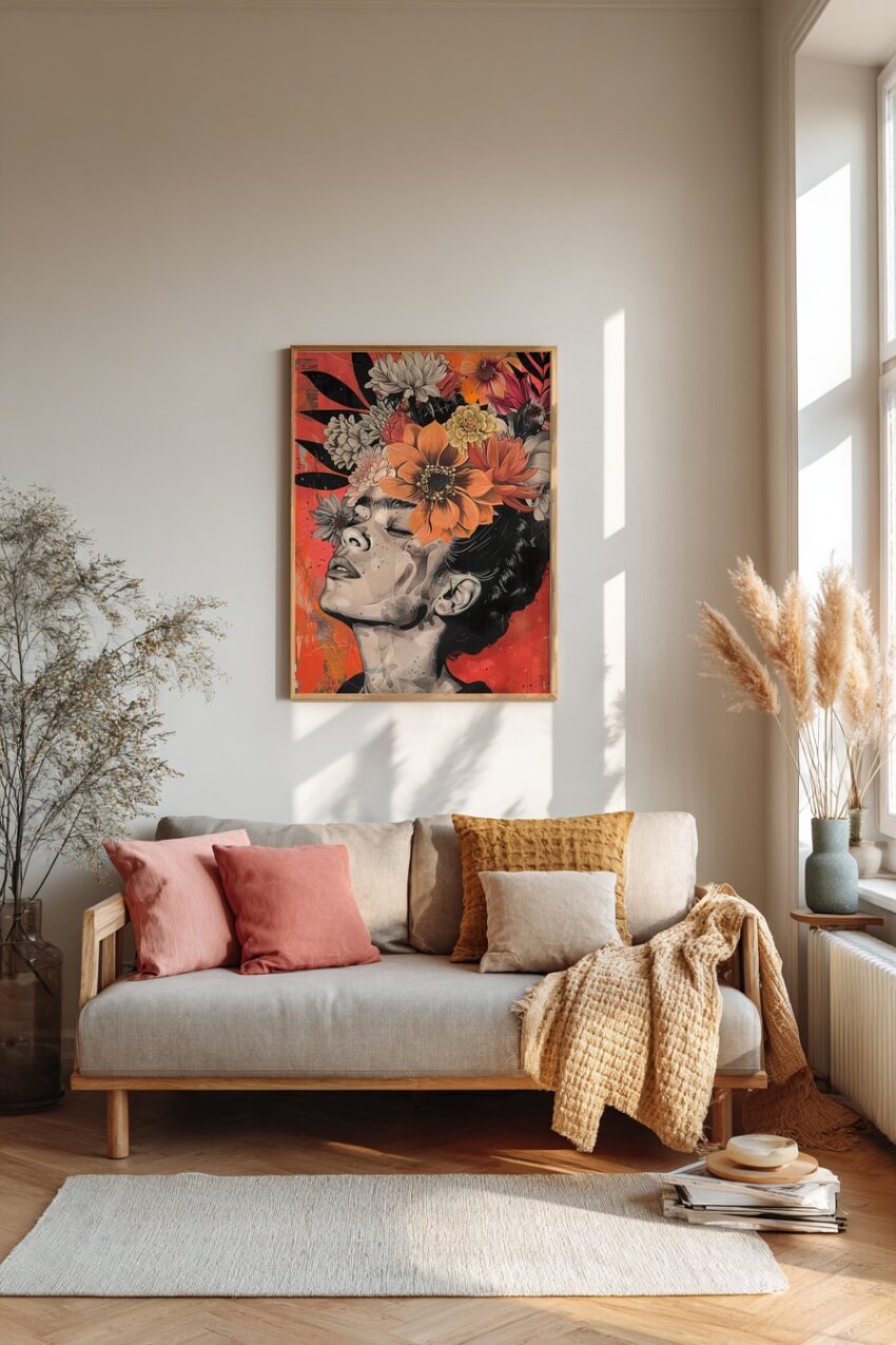 Illustration Poster Frau Blumen orange beige Portrait