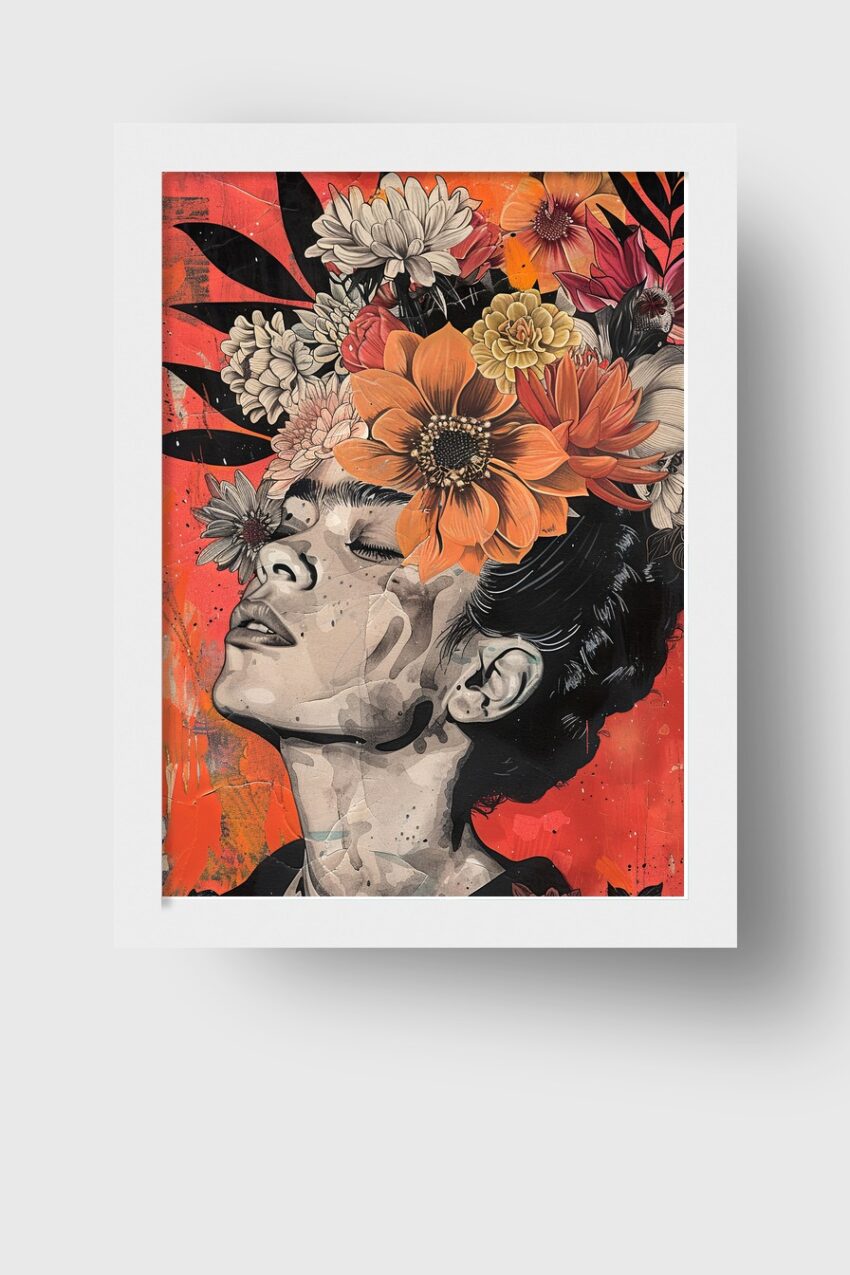 Illustration Poster Frau Blumen orange beige Portrait