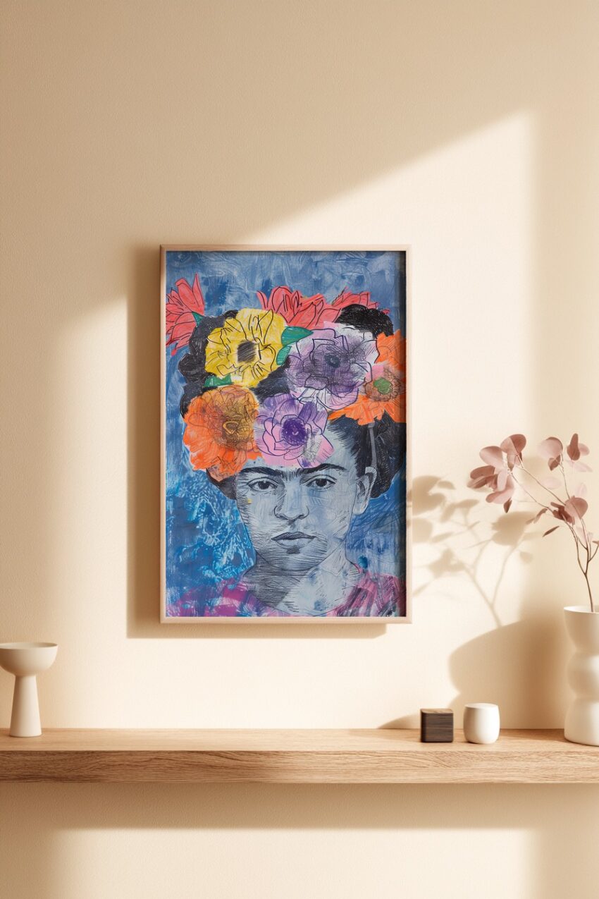 Illustration Poster Frau Blumenkranz retro bunt