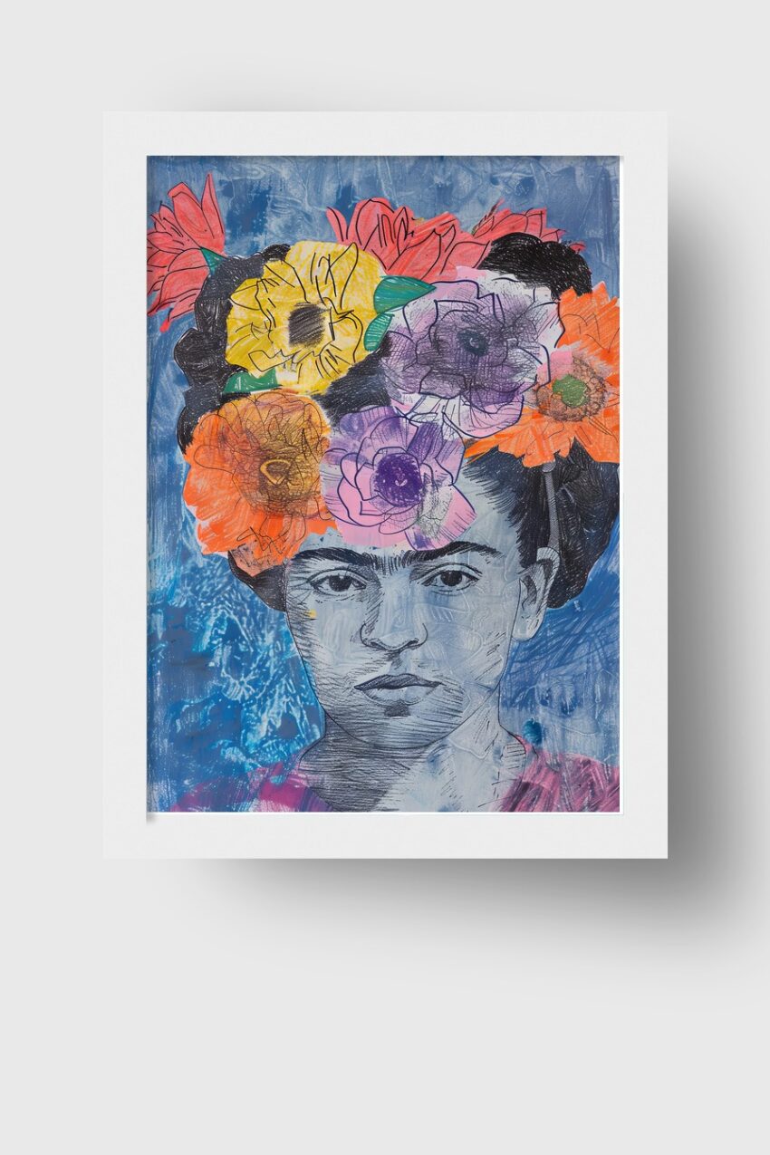 Illustration Poster Frau Blumenkranz retro bunt