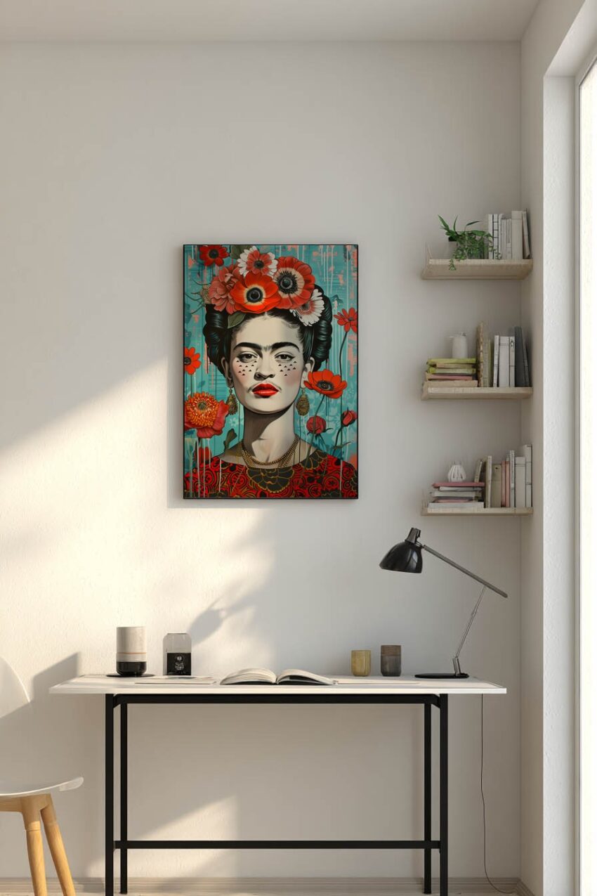 Illustration Poster Frau Blumenkranz rot