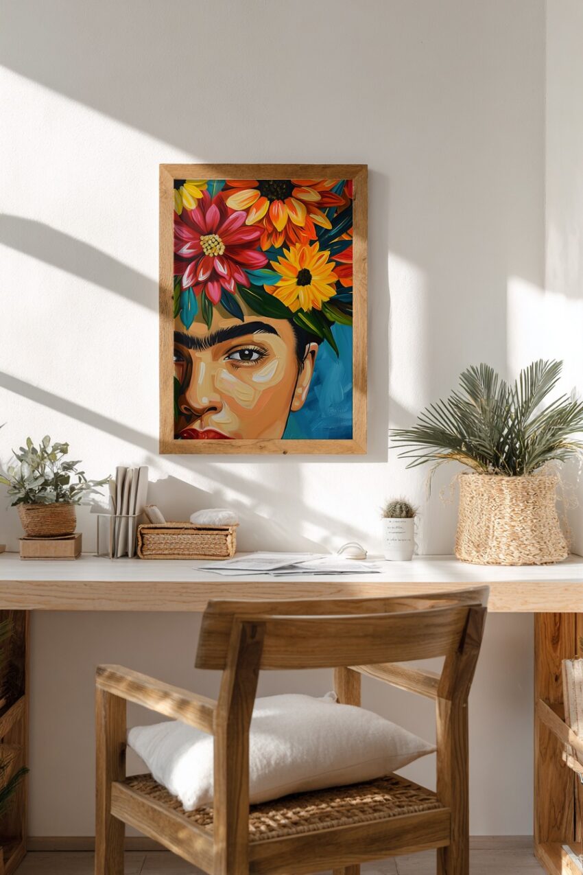 Digitale Kunst Poster Gesicht Blumenkranz bunt Frau