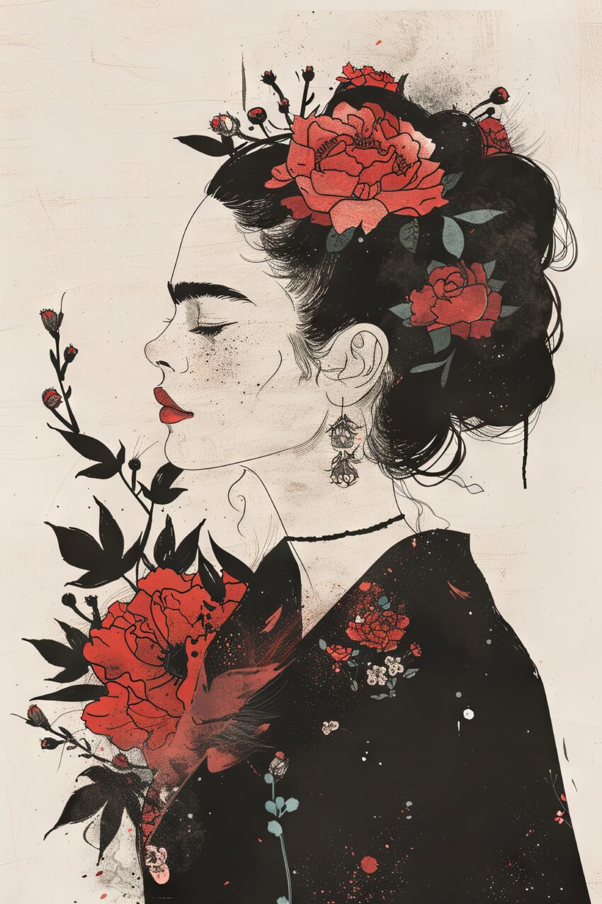Illustration Poster Frau rote Rosen Portrait Seitenprofil