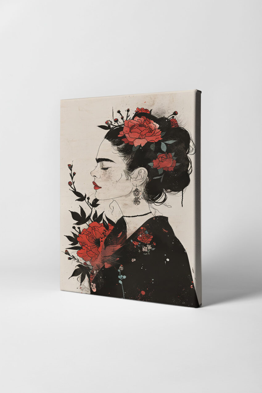 Illustration Poster Frau rote Rosen Portrait Seitenprofil