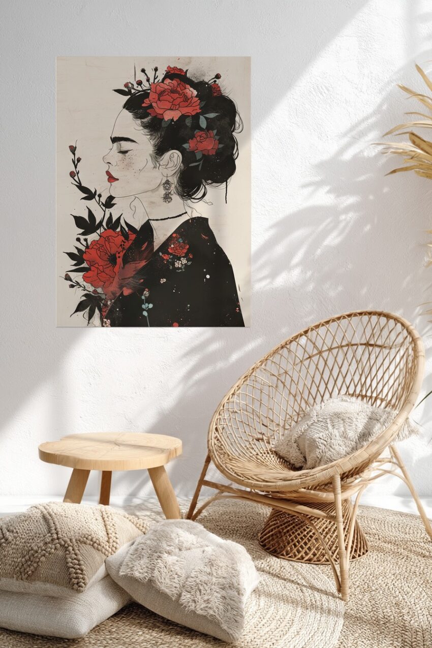 Illustration Poster Frau rote Rosen Portrait Seitenprofil