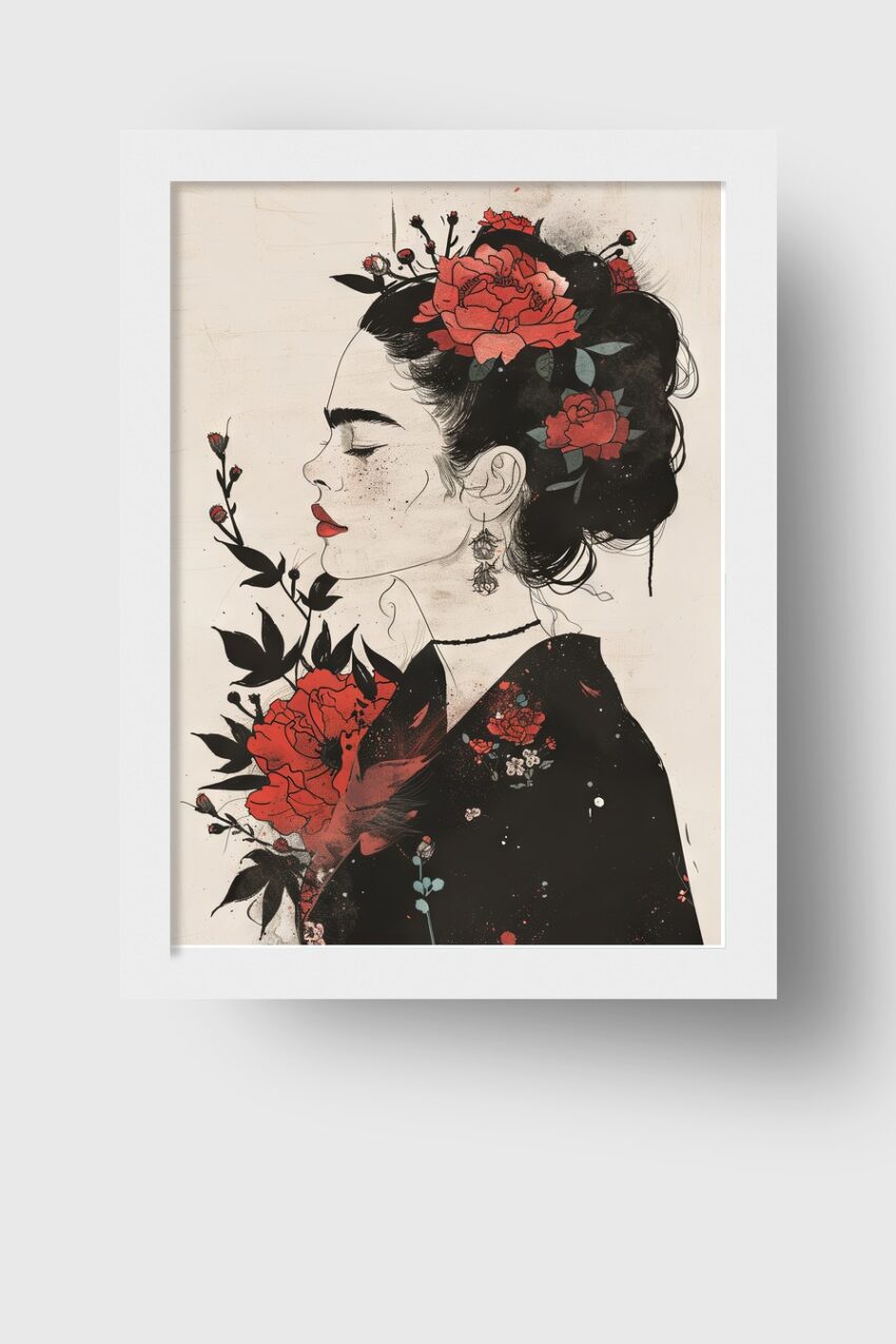 Illustration Poster Frau rote Rosen Portrait Seitenprofil
