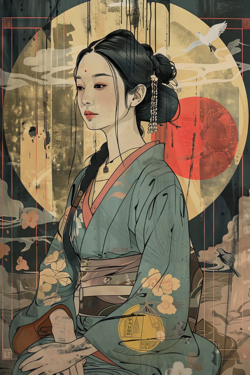 Illustration Poster Japanische Frau traditionell Kimono