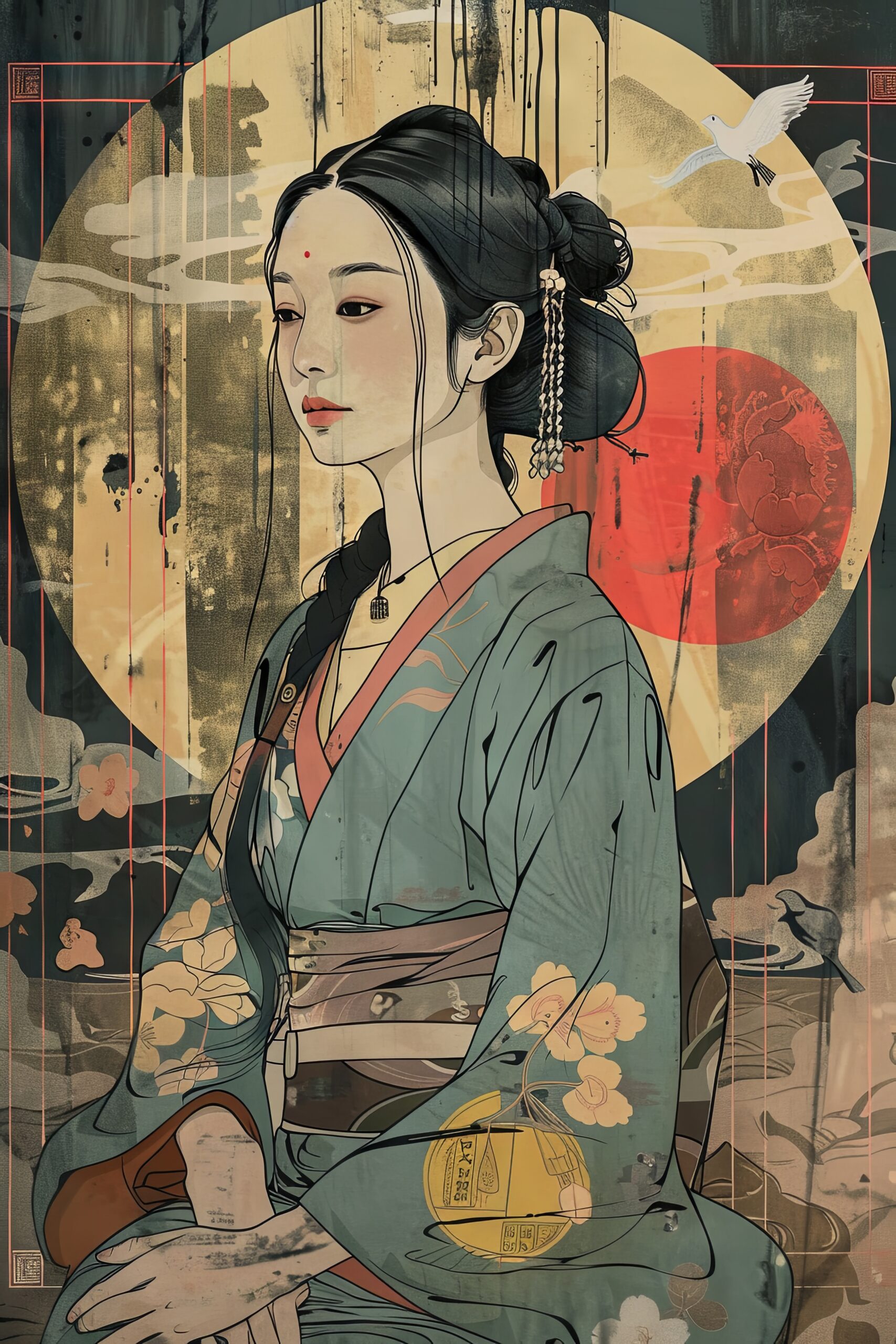 Illustration Poster Japanische Frau traditionell Kimono