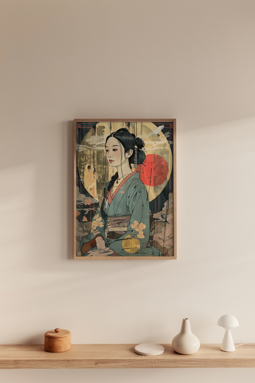 Illustration Poster Japanische Frau traditionell Kimono