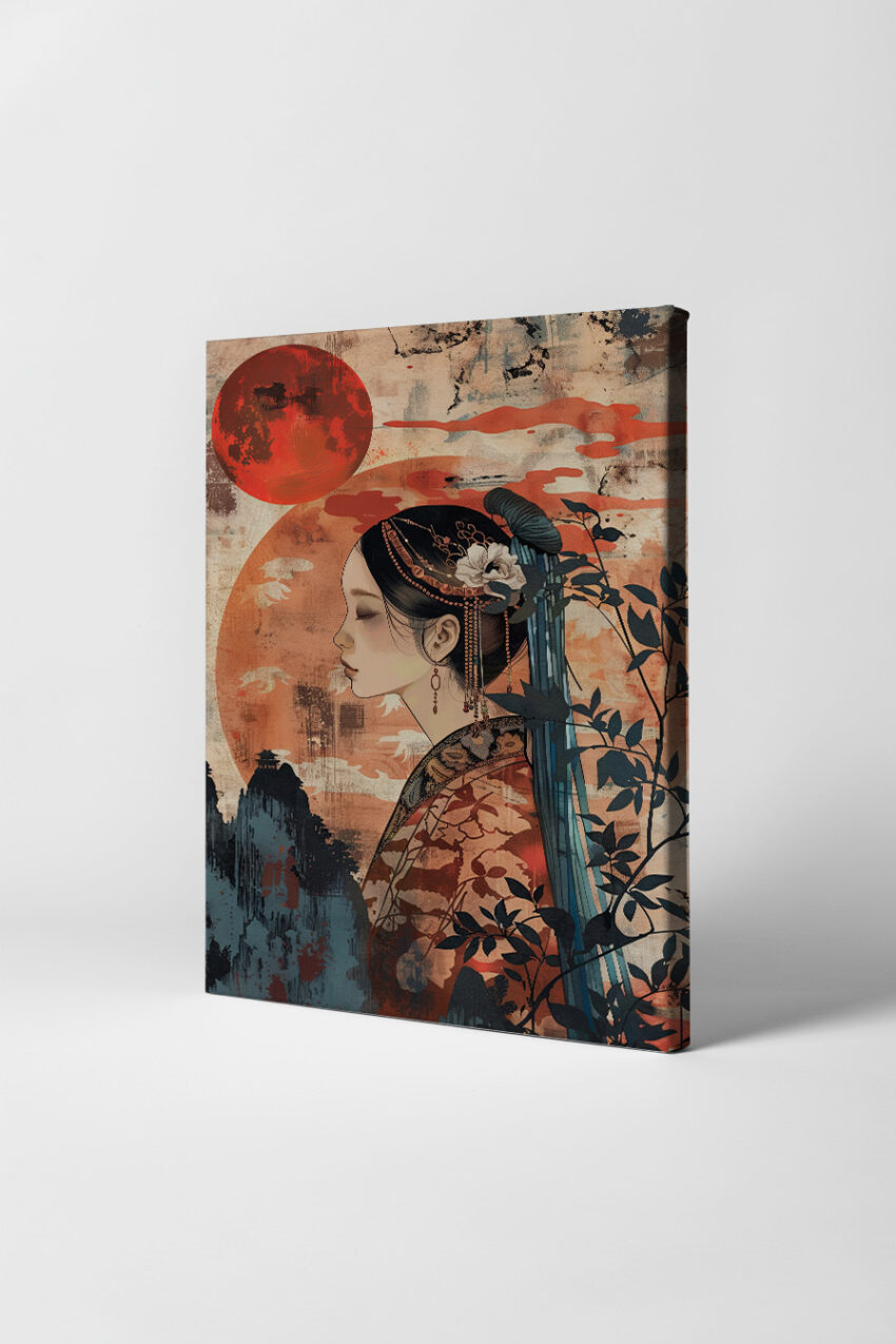 Digitale Kunst Poster asiatische Frau Profil ornamentiert rot schwarz