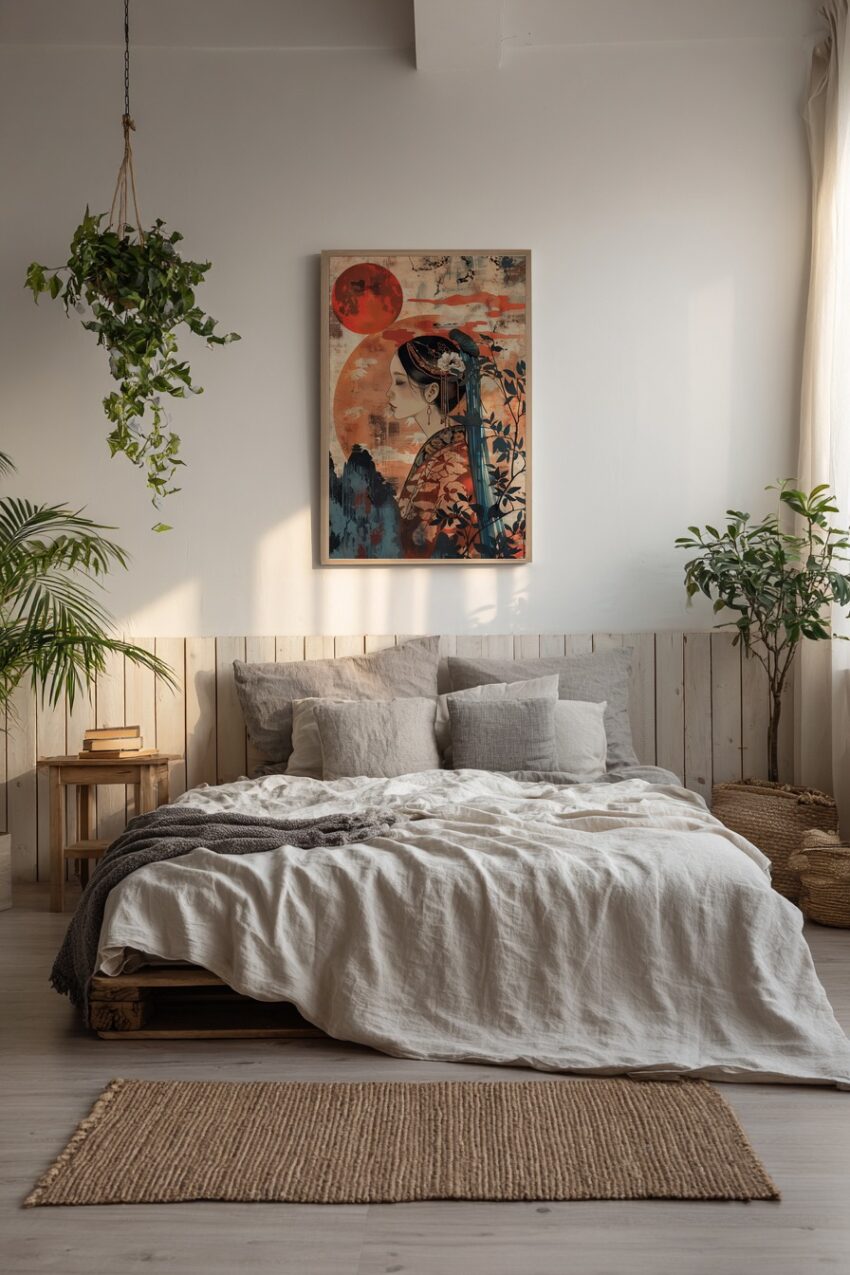 Digitale Kunst Poster asiatische Frau Profil ornamentiert rot schwarz