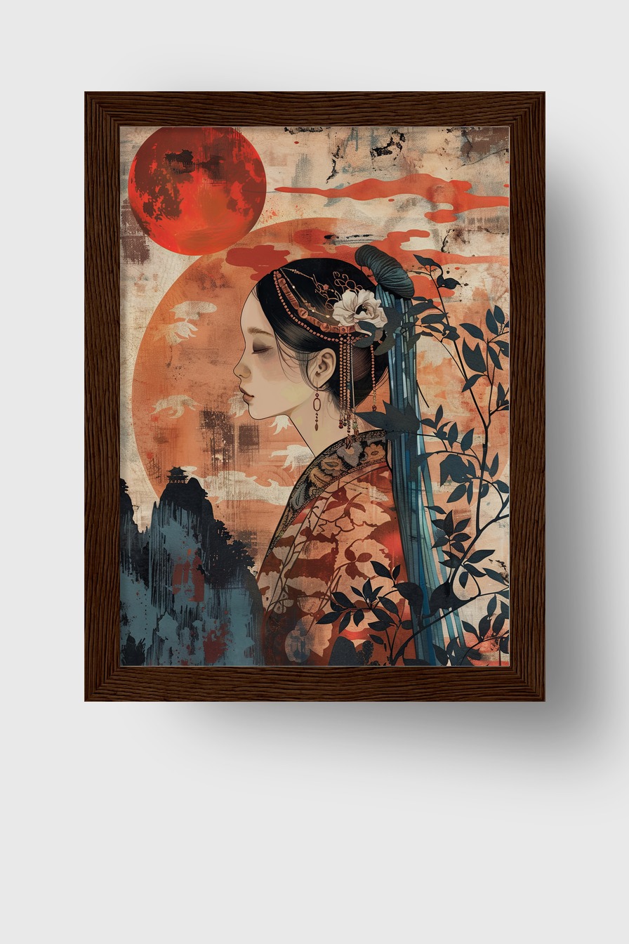 Digitale Kunst Poster asiatische Frau Profil ornamentiert rot schwarz