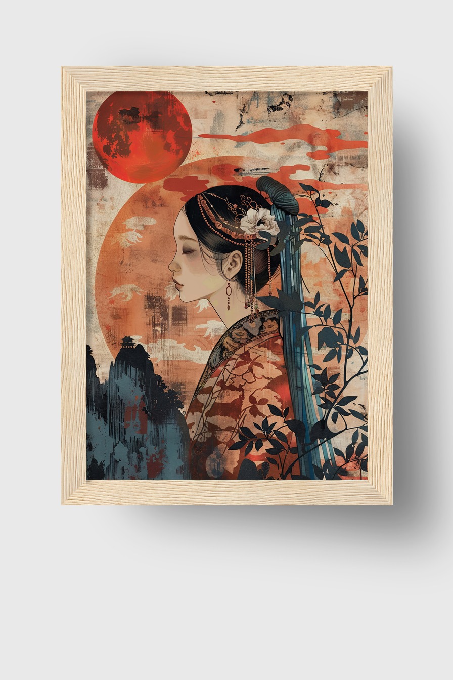 Digitale Kunst Poster asiatische Frau Profil ornamentiert rot schwarz