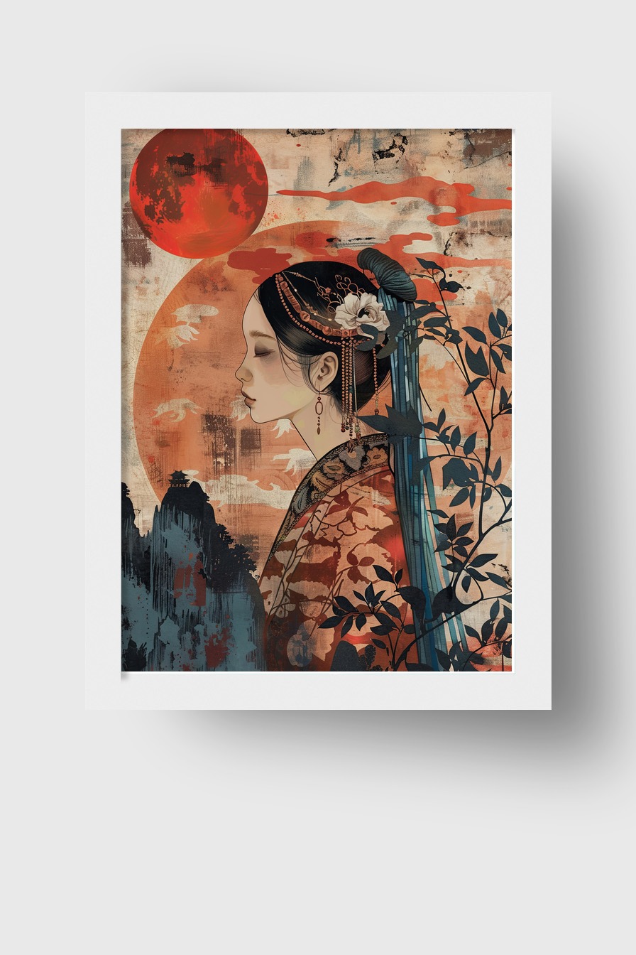 Digitale Kunst Poster asiatische Frau Profil ornamentiert rot schwarz