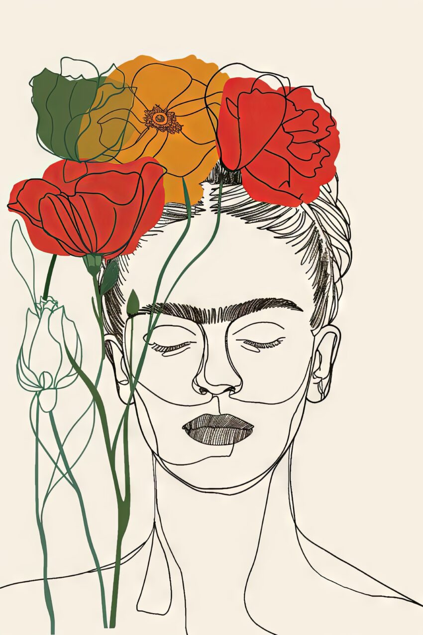 Illustration Poster Frida Blumen schwarz-rot orange