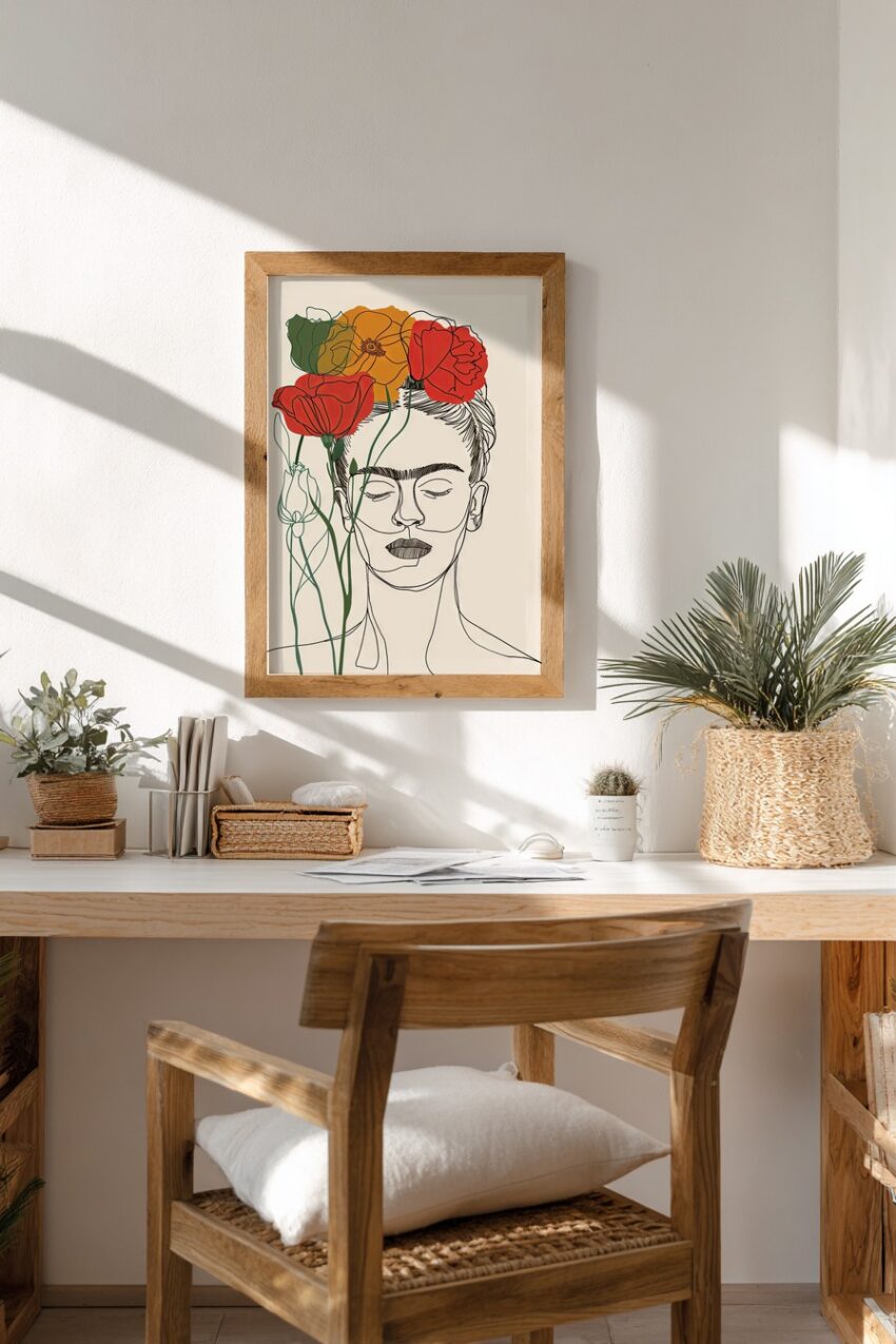 Illustration Poster Frida Blumen schwarz-rot orange