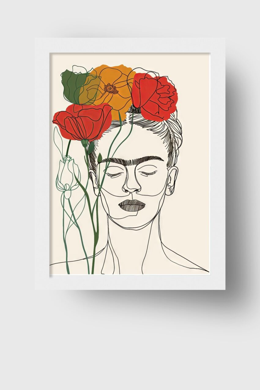 Illustration Poster Frida Blumen schwarz-rot orange