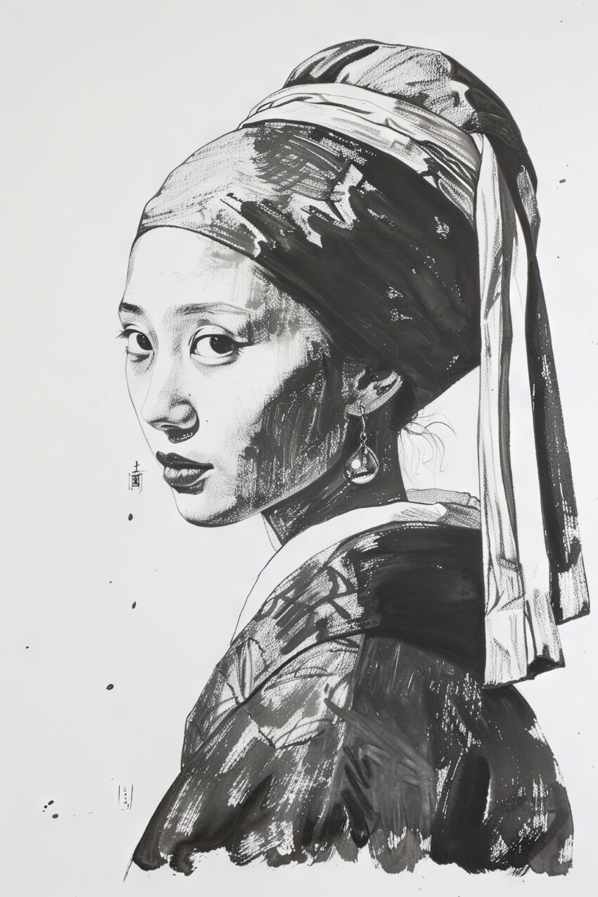 Zeichnung Poster Frau Perlenohrring schwarz-weiß