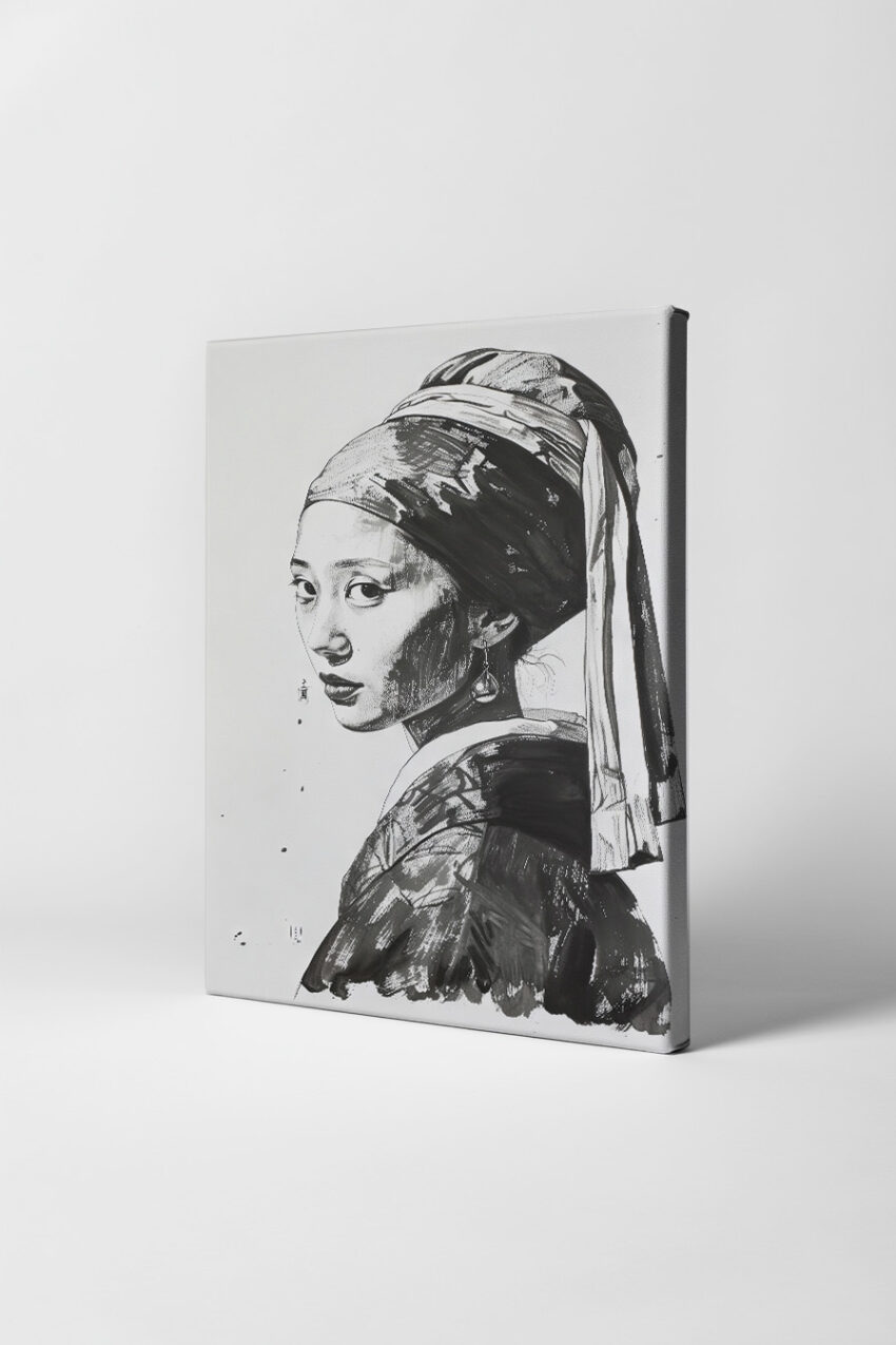 Zeichnung Poster Frau Perlenohrring schwarz-weiß