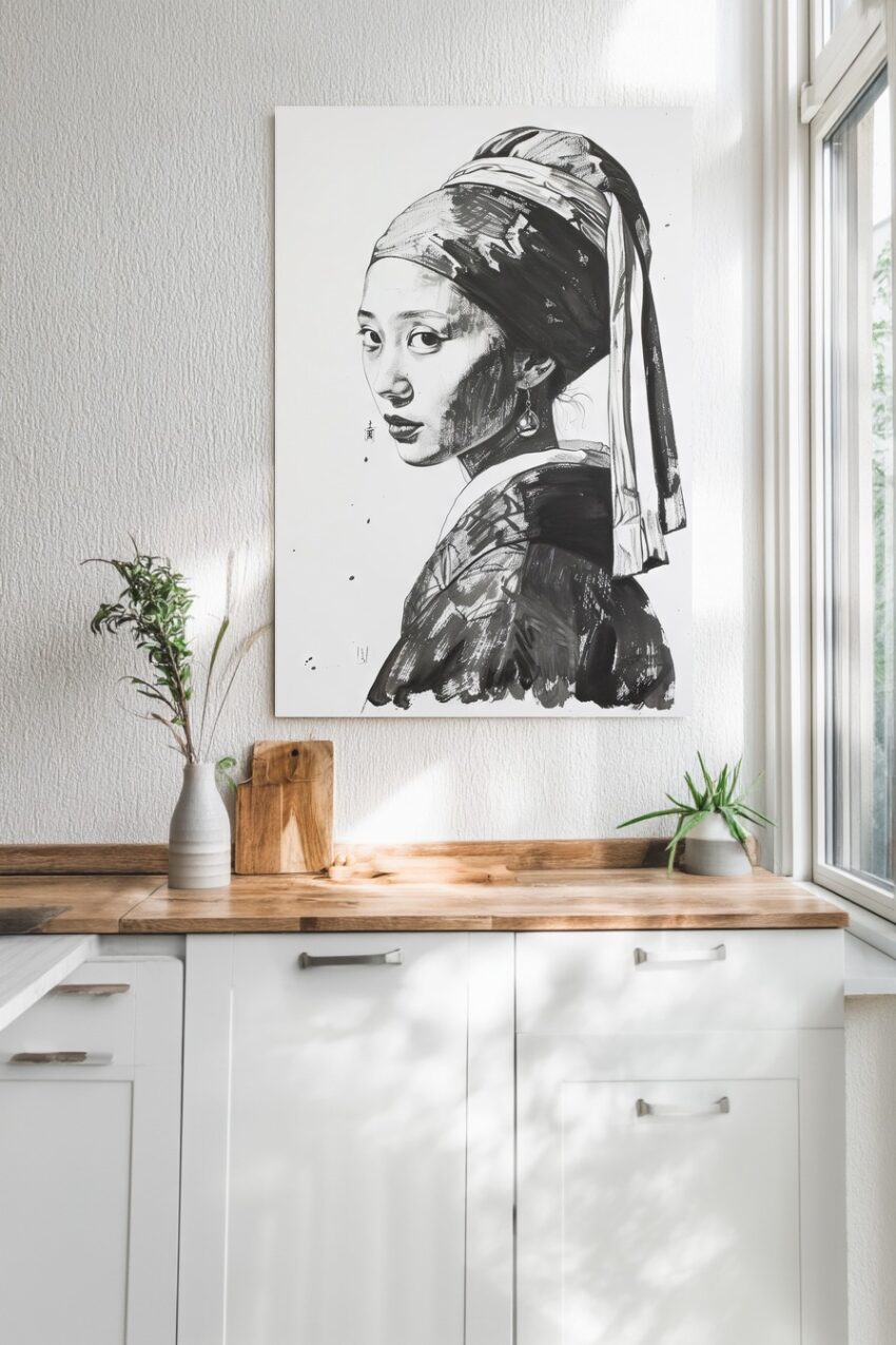 Zeichnung Poster Frau Perlenohrring schwarz-weiß