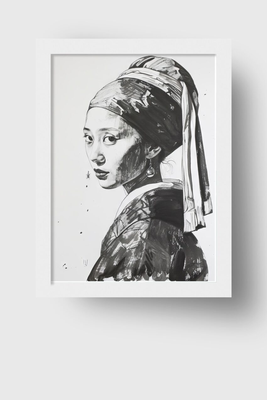 Zeichnung Poster Frau Perlenohrring schwarz-weiß